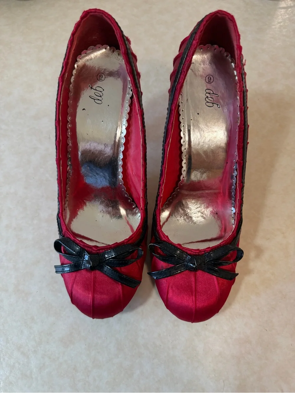 Y2K Coquette Deb red satin heels with black bow detail and black trim